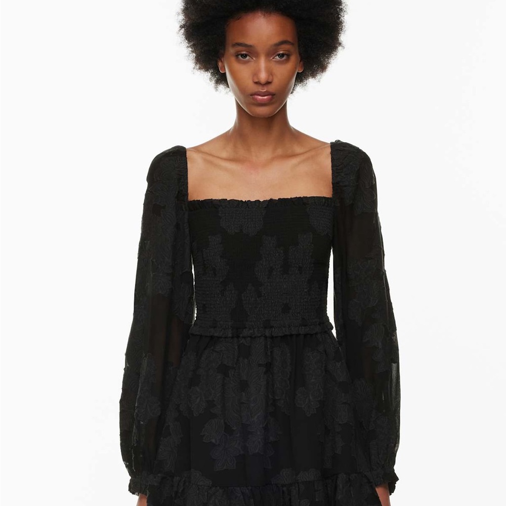 Wilfred Tempest Dress Black Floral Smocked Mini Medium Square Neck Puff Sleeve - Picture 3 of 14